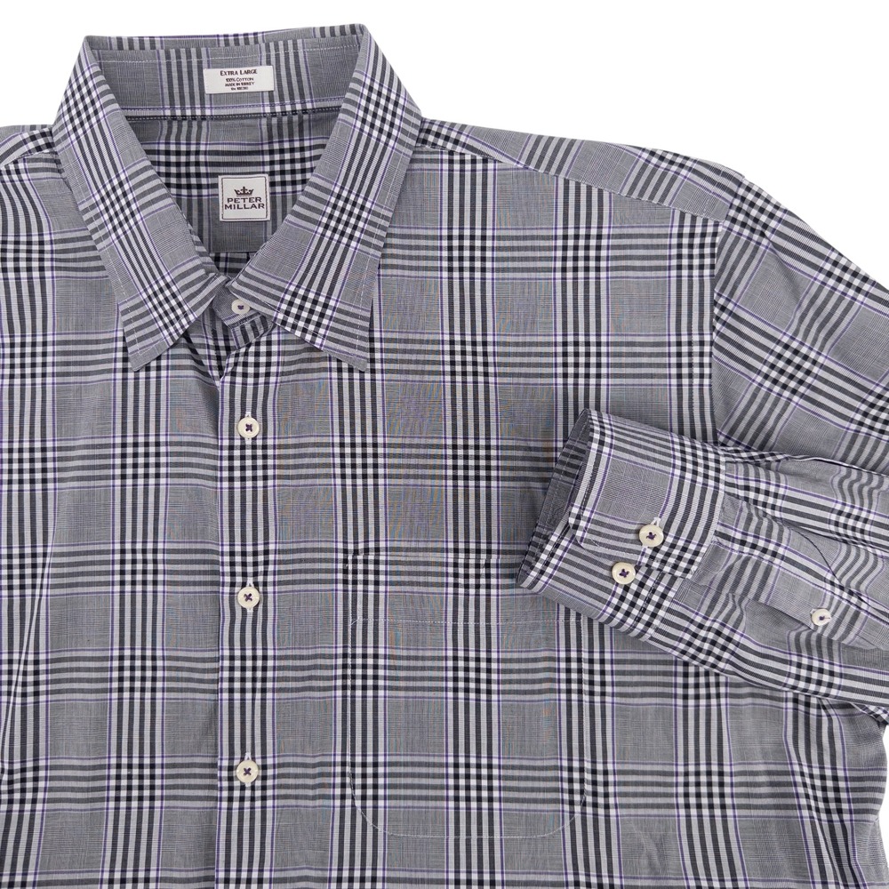 Peter Millar Men's XL Black & Purple Plaid 100% Cotton Dress Button Down Shirt